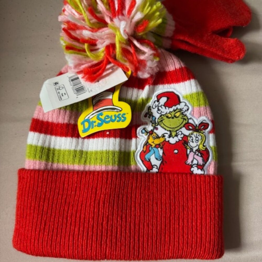 Dr. Seuss The Grinch Toddler Boys or Girls Beanie Multicolor Hat and Gloves Set.